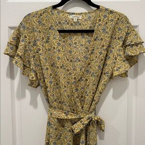 Max Studio Yellow and Blue Floral Wrap Around High Low Midi Dress